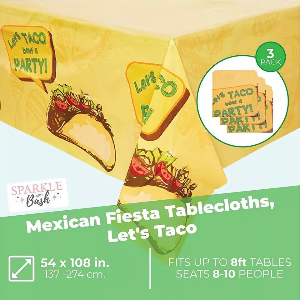 Mexican Fiesta Tablecloth, Let’s Taco Bout A Party (54 x 108 in, 3 Pack)