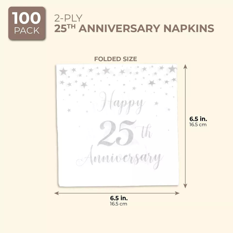 100Pcs 25th Anniversary Paper Napkins 6.5" for Anniversary Party Tableware Décor