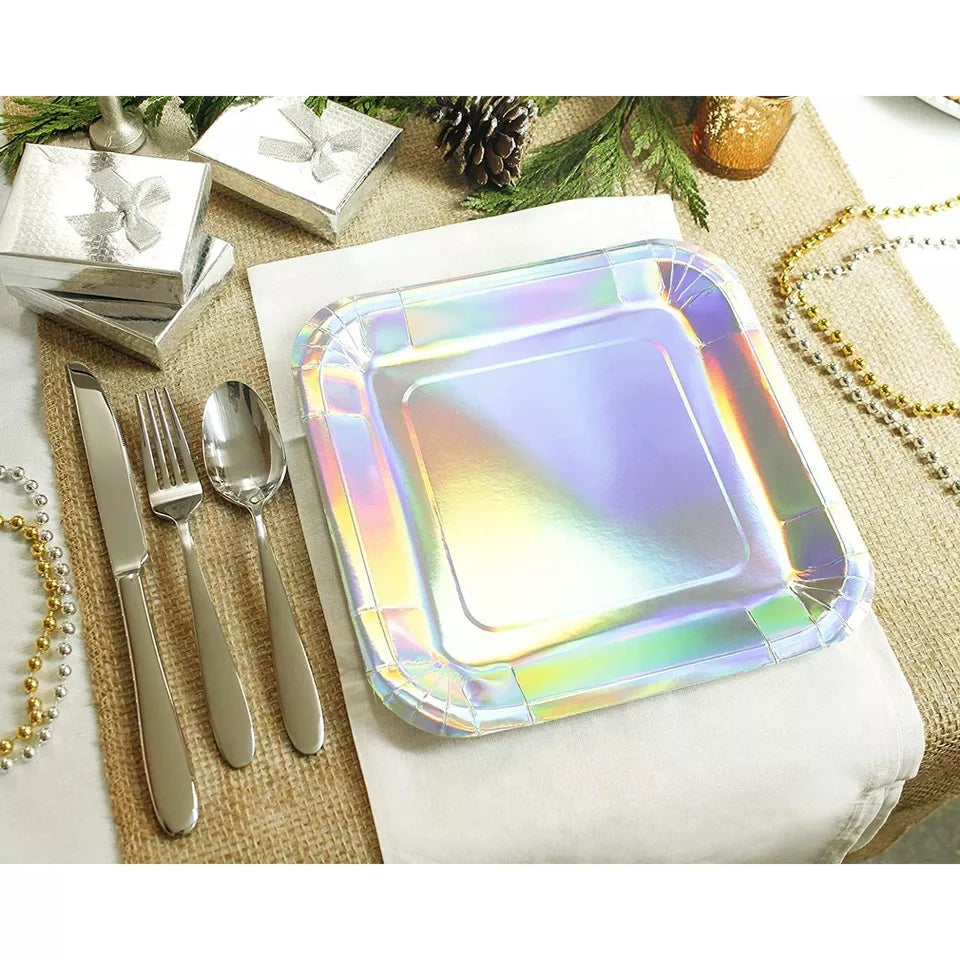 Metallic Silver Foil Square Paper Plates - 48 Pack, 9x9", Disposable