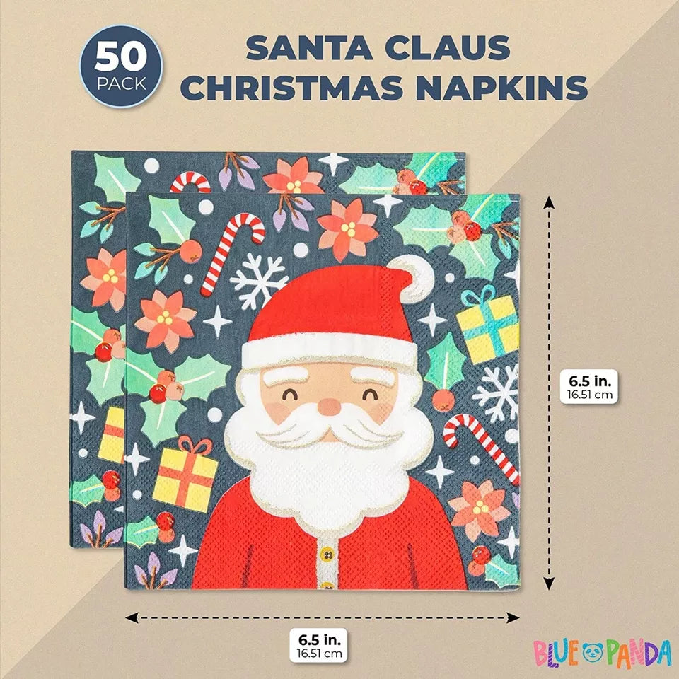 50 ct Christmas Napkins Paper Disposable for Holiday Party Santa Claus 6.5x6.5”