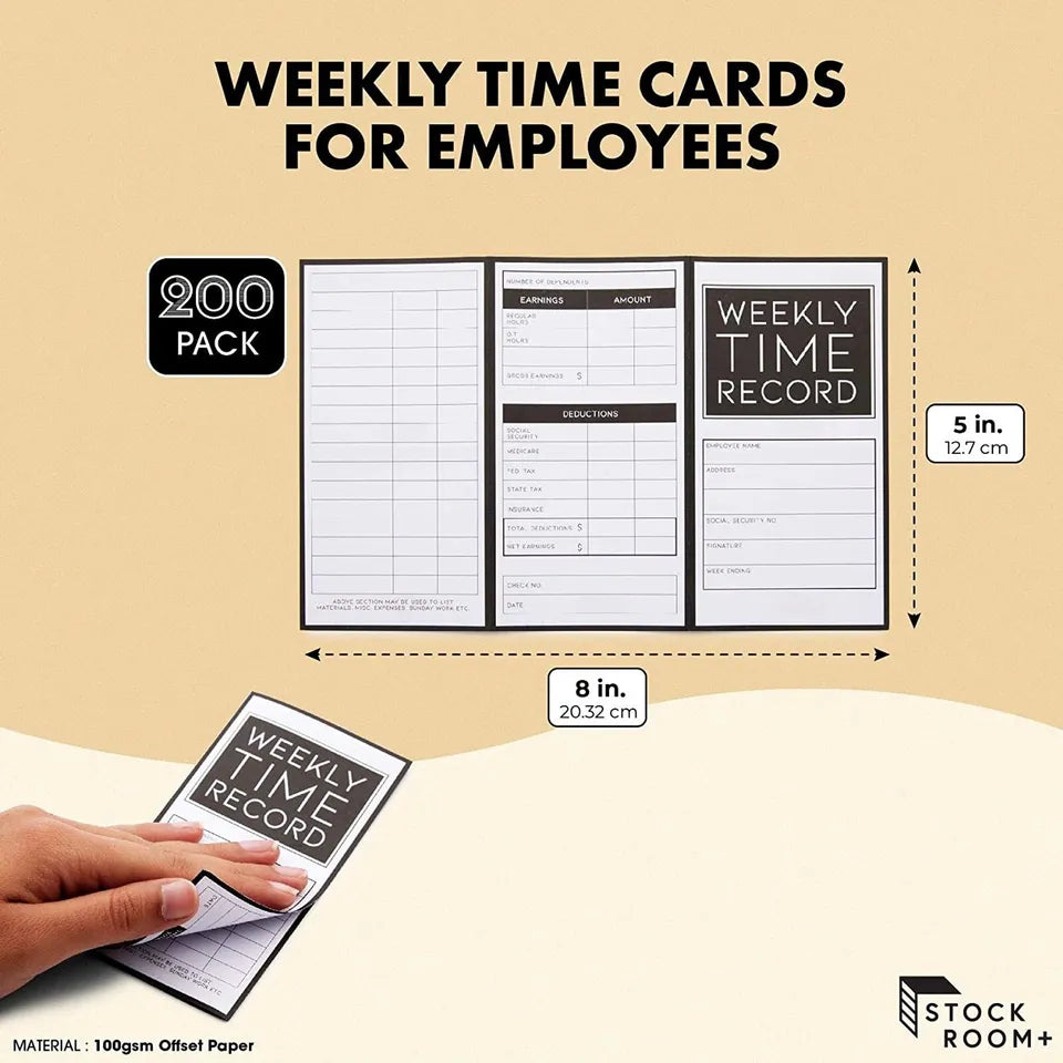 Weekly Trifold Employee Time Cards for Bookkeeping, Pocket Sized (200 Pcs)