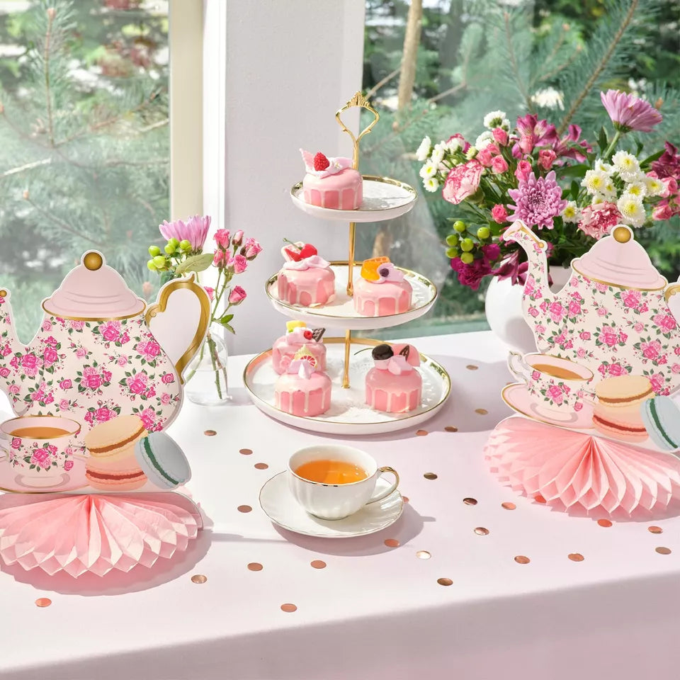 6 Pack Floral Teapot Honeycomb Decorations - 11 in, for Birthday Tea Party