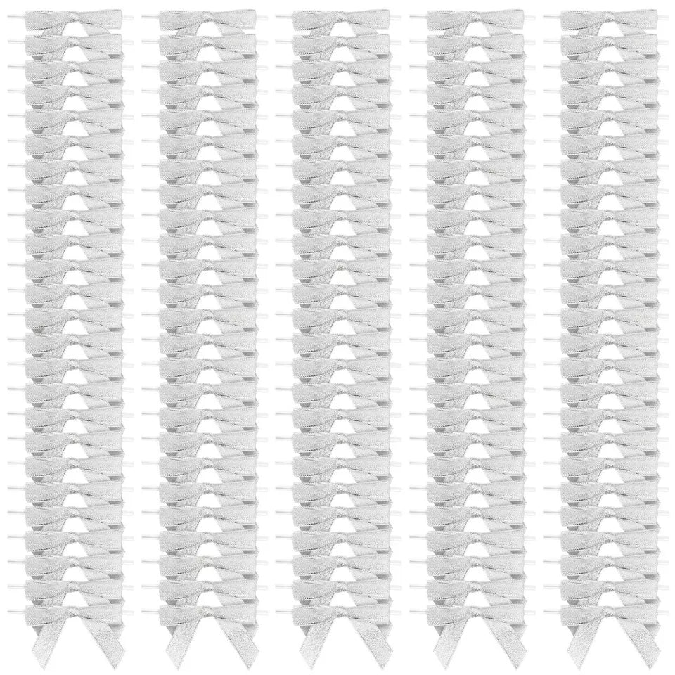 100 Pack Silver Satin Bow Twist Ties - 3 in, with Clear Twist Ties for Treat Bags