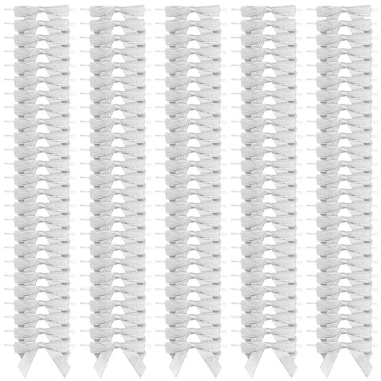 100 Pack Silver Satin Bow Twist Ties - 3 in, with Clear Twist Ties for Treat Bags