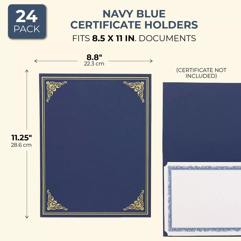 24 Pack Navy Blue Certificate Holders, Document Diploma Award Cover Folders, Letter Size