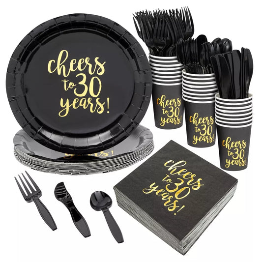 30th Birthday Party Supplies Set - 144 Pieces with Plates, Napkins, Cups, and Cutlery