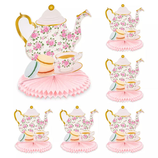 6 Pack Floral Teapot Honeycomb Decorations - 11 in, for Birthday Tea Party