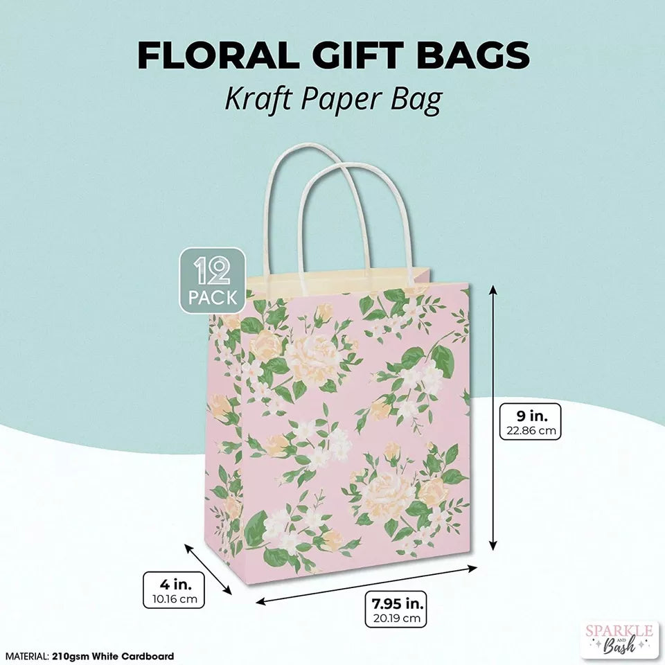 12 Pack Small Floral Kraft Gift Bags with Handles - 8 x 9 x 4 in, 4 Colors