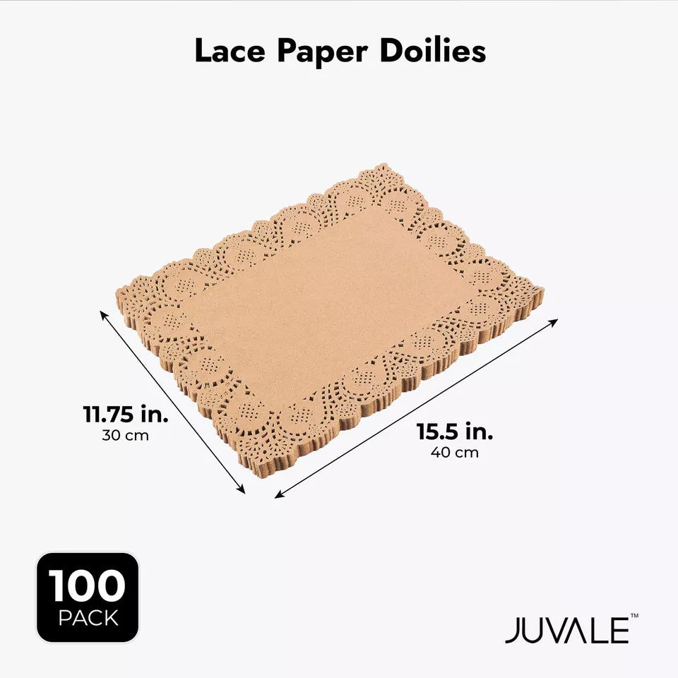 100-Pack Brown Disposable Placemats - Lace Paper Doilies for Table, 15.5x12"