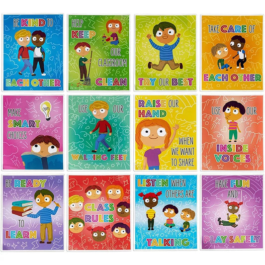 Class Rules Posters for Preschool, Teacher Supplies (12 Pack)