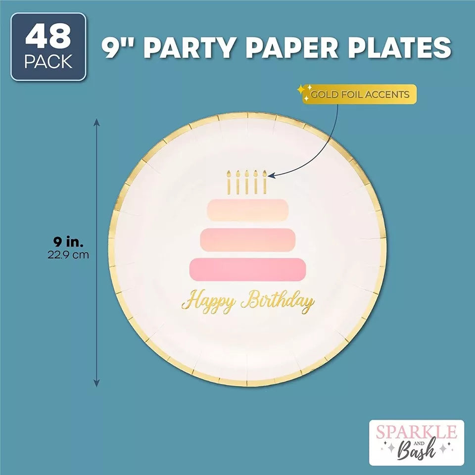 48-Pack Happy Birthday Cake Design Disposable Paper Plates 9" for Birthday Party