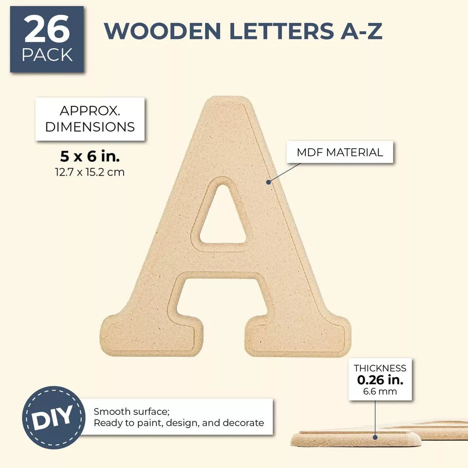 26 Pieces Wooden Alphabet Letters for Crafts, 6-In ABCs for Painting, 0.1" Thick