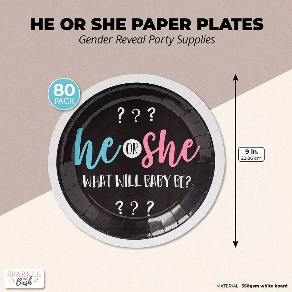 Gender Reveal Paper Party Plates, He or She (9 Inches, 80 Pack)