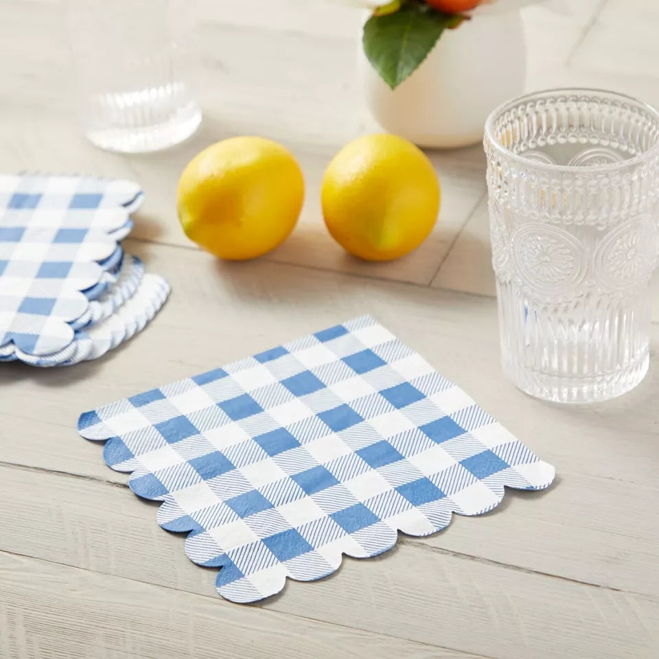 Blue Gingham Printed Paper Napkins for Summer Party (6.5 x 6.5 In, 100 Pack)