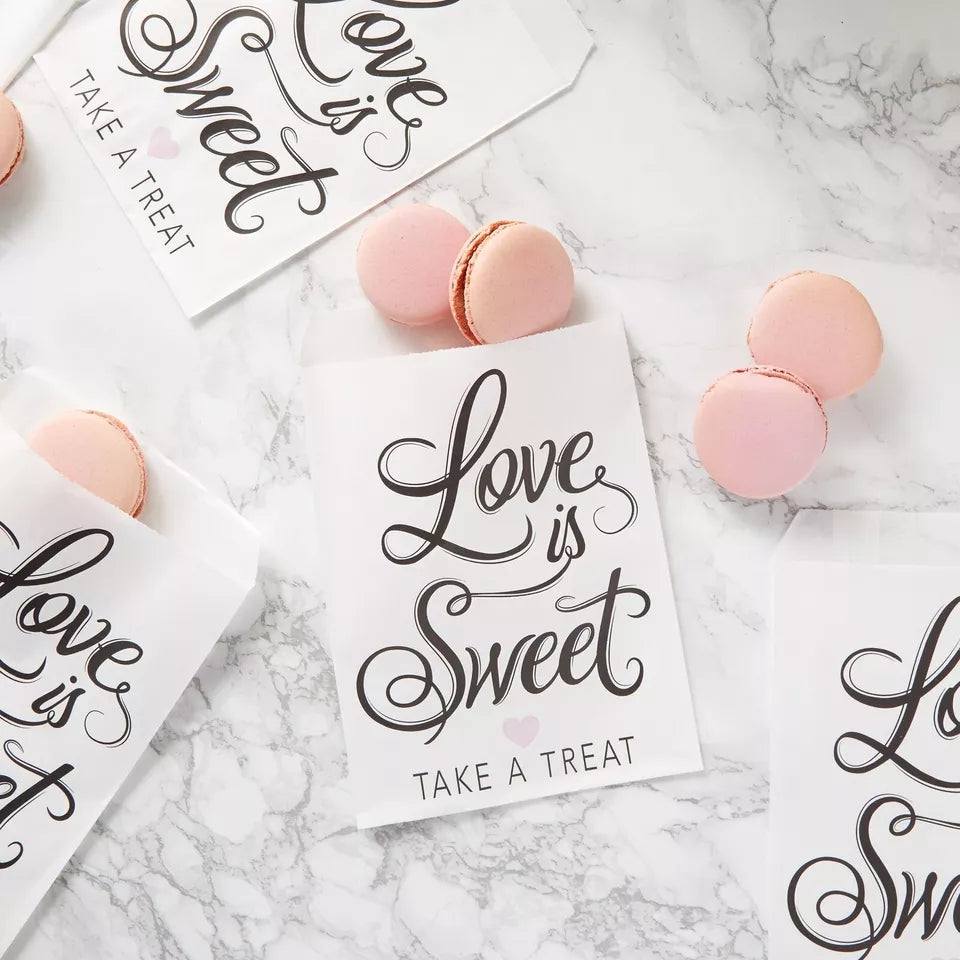 100 Love Is Sweet Treat Bags - For Wedding, Bridal Shower, Engagement Party