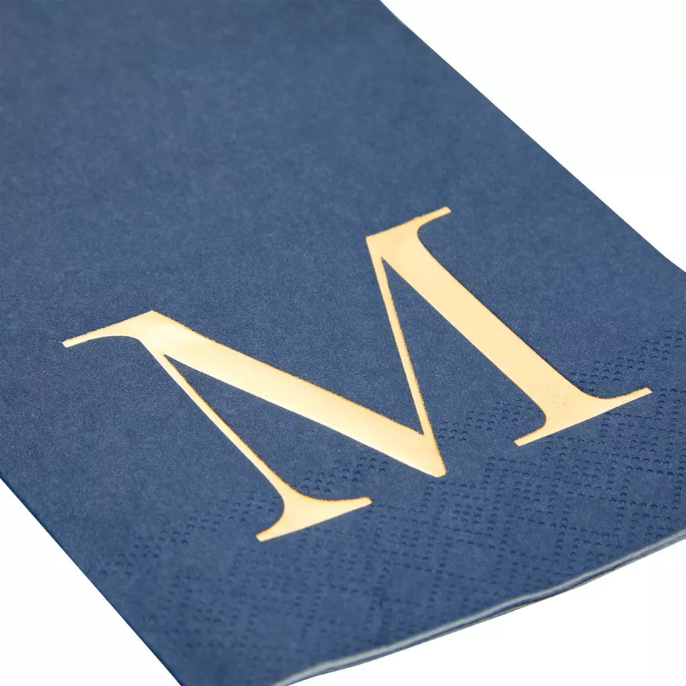 100 Pack Navy Blue Gold Foil Initial Letter M Monogram Napkins for Wedding 4x8"