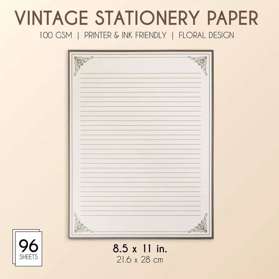 96 Sheets Vintage Lined Paper with Antique Border for Writing Letters, 8.5 x 11"