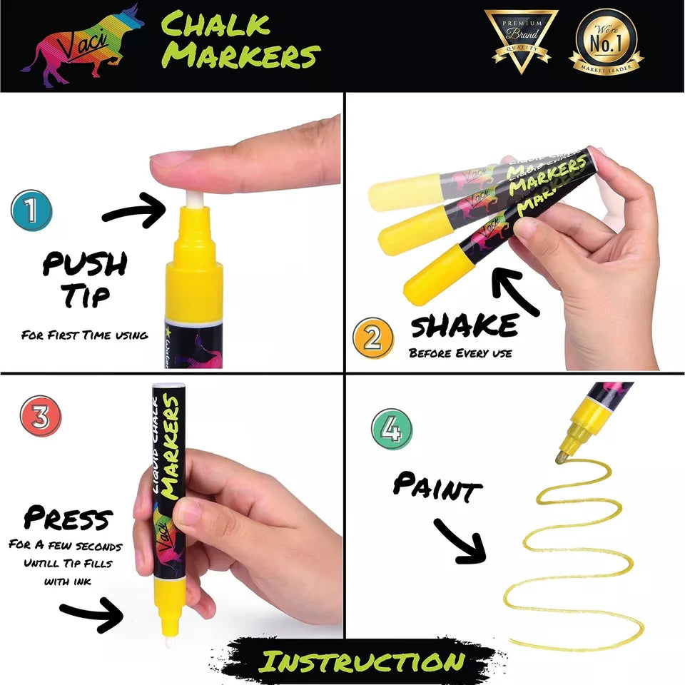 8 Multicolored Liquid Chalk Markers - Includes Magnetic Blackboard, Stencils, and Labels