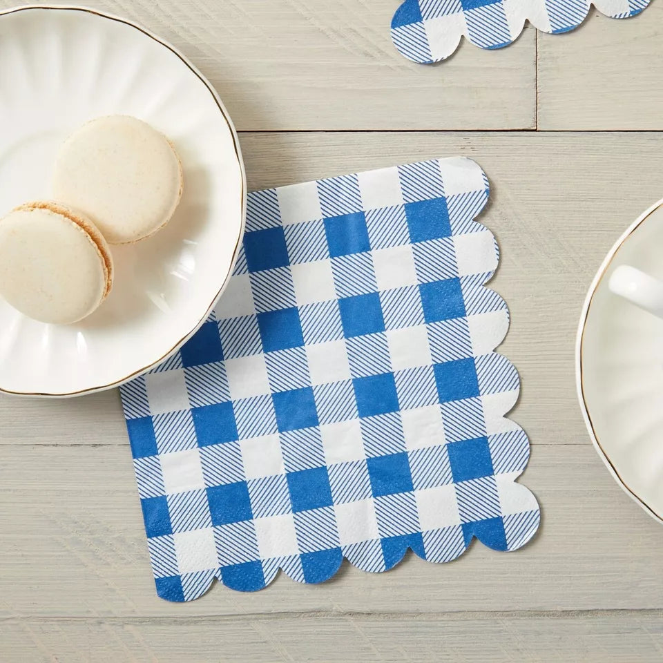 Blue Gingham Printed Paper Napkins for Summer Party (6.5 x 6.5 In, 100 Pack)