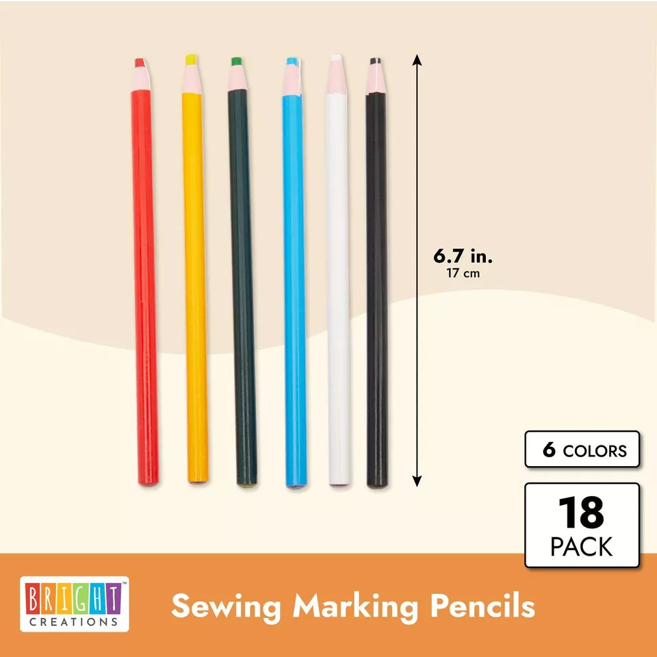 18-Pack Sewing Marking Pencils - Tailor's Chalk for Fabric, 6 Colors