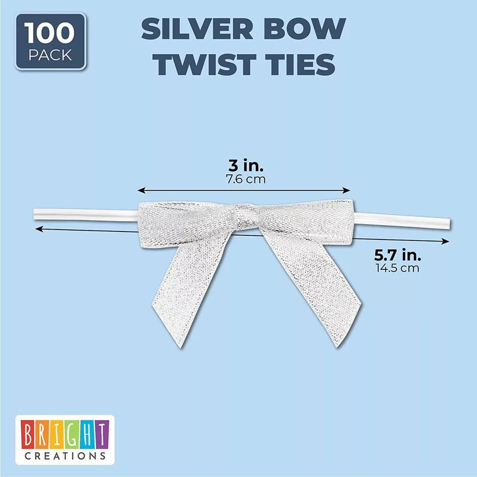 100 Pack Silver Satin Bow Twist Ties with Clear Twist Ties for Treat Bags, 3"