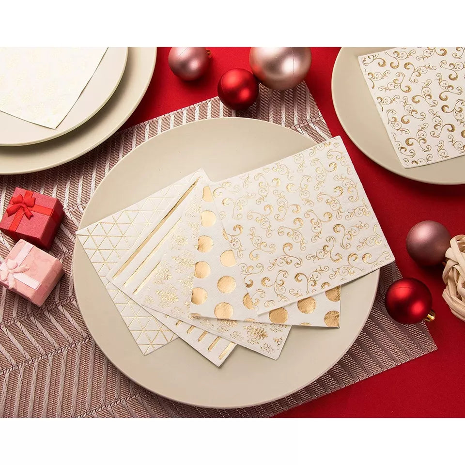 100 White and Gold Cocktail Napkins - 5 in, Disposable Party Napkins