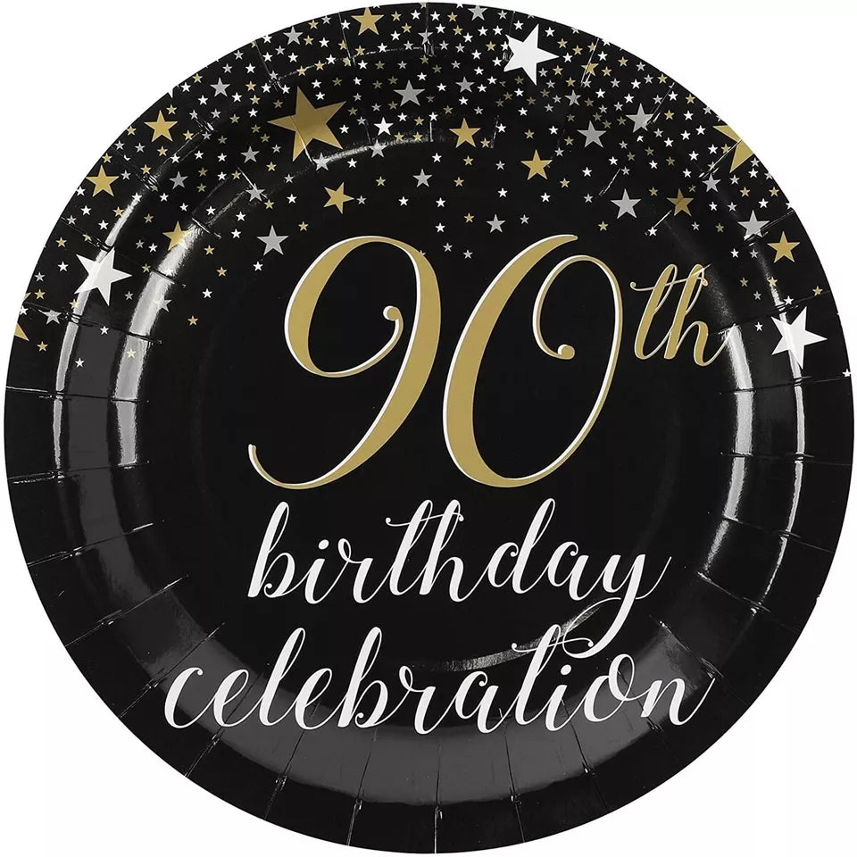 90th Birthday Party Paper Plates with Gold Foil (9 Inches, 80 Pack)