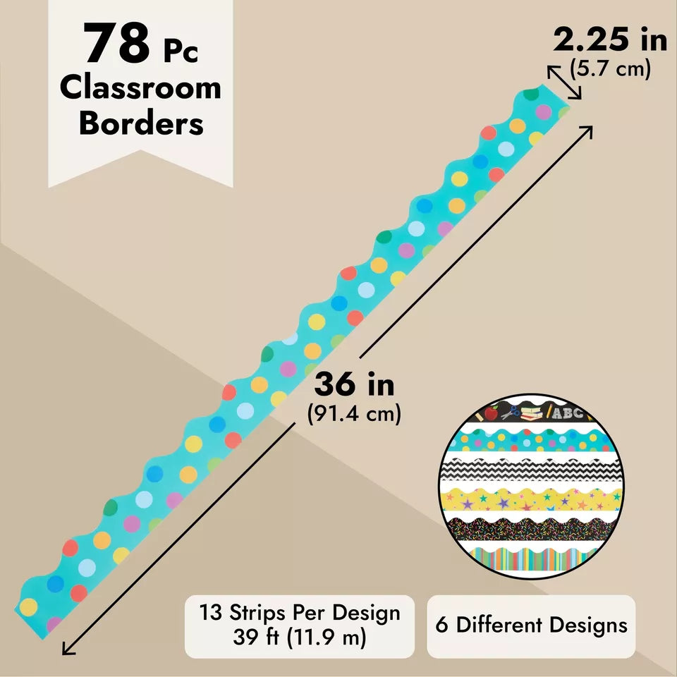 6 Rolls Scalloped Bulletin Board Borders - 234 Feet Total, 78 Pieces