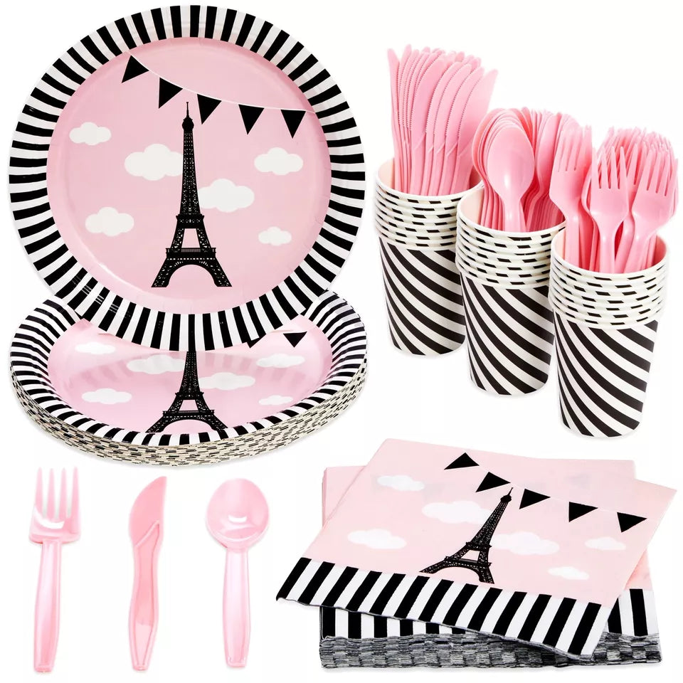 144-Piece Paris Birthday Party Decorations - Disposable Tableware Set, Serves 24