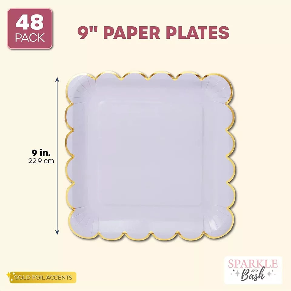 48 Pack Purple Paper Plates - 9 in, Scalloped Gold Border, for Party