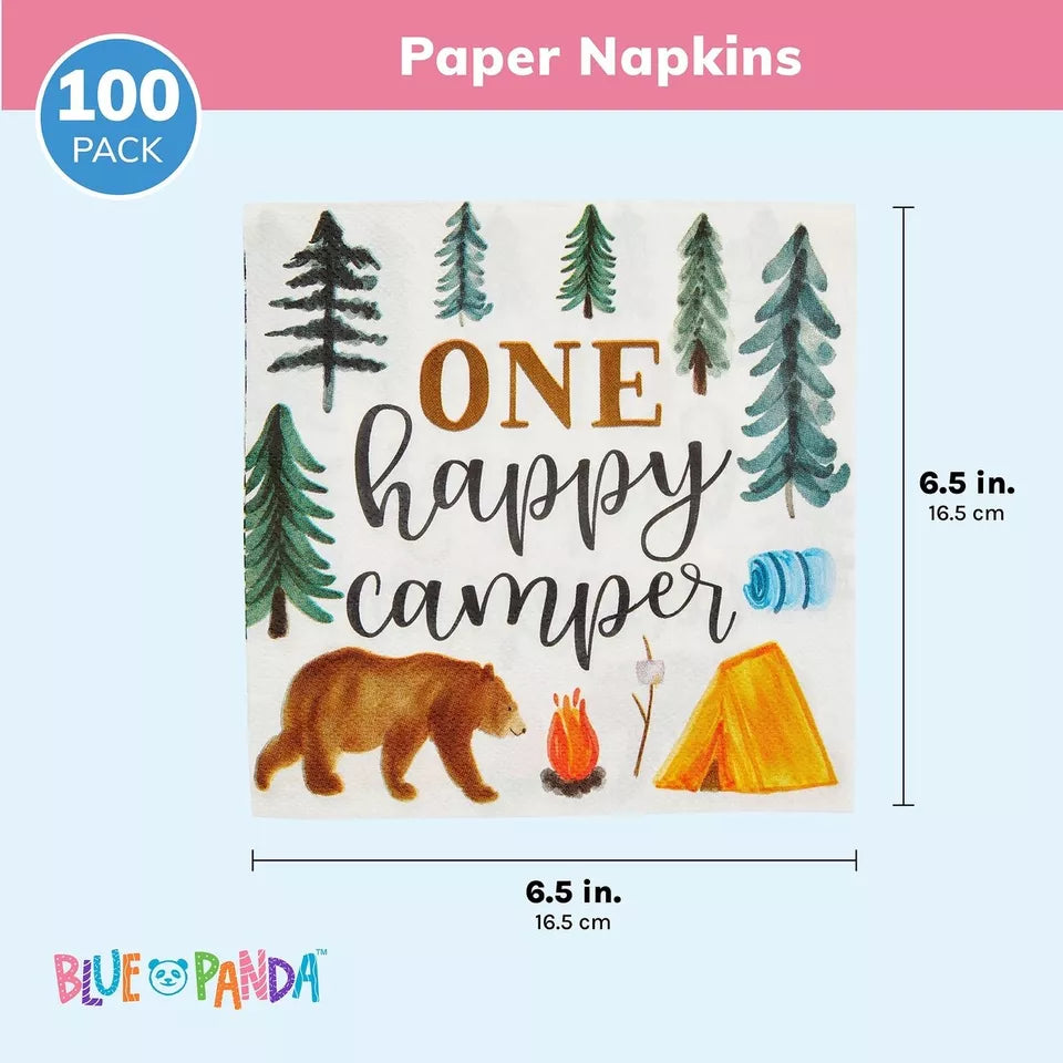 Camping Napkins for 1st Birthday Party Supplies, One Happy Camper (6.5 In, 100x)