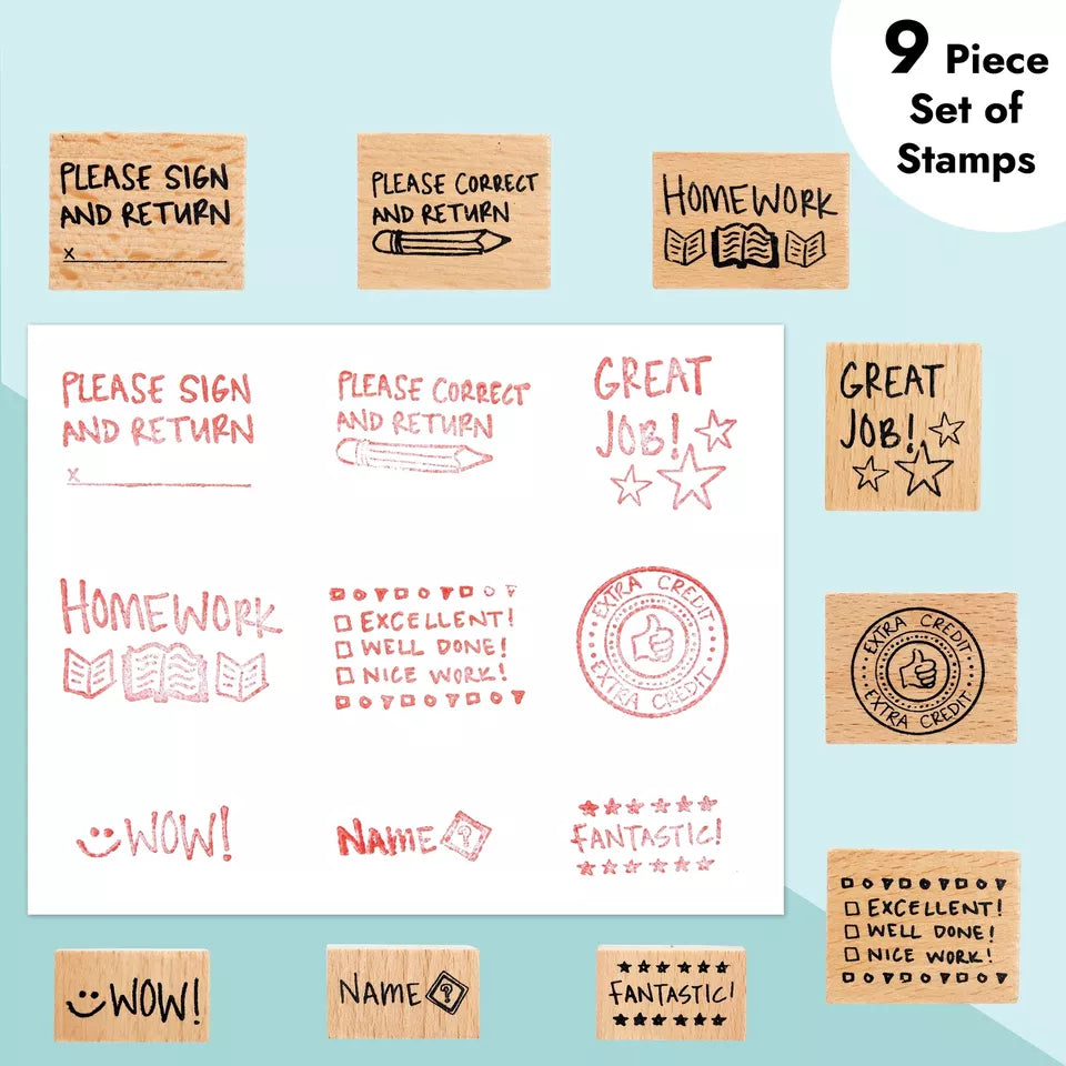 9 Piece Set of Wooden Teacher Stamps for Classroom, Grading (Assorted Sizes)