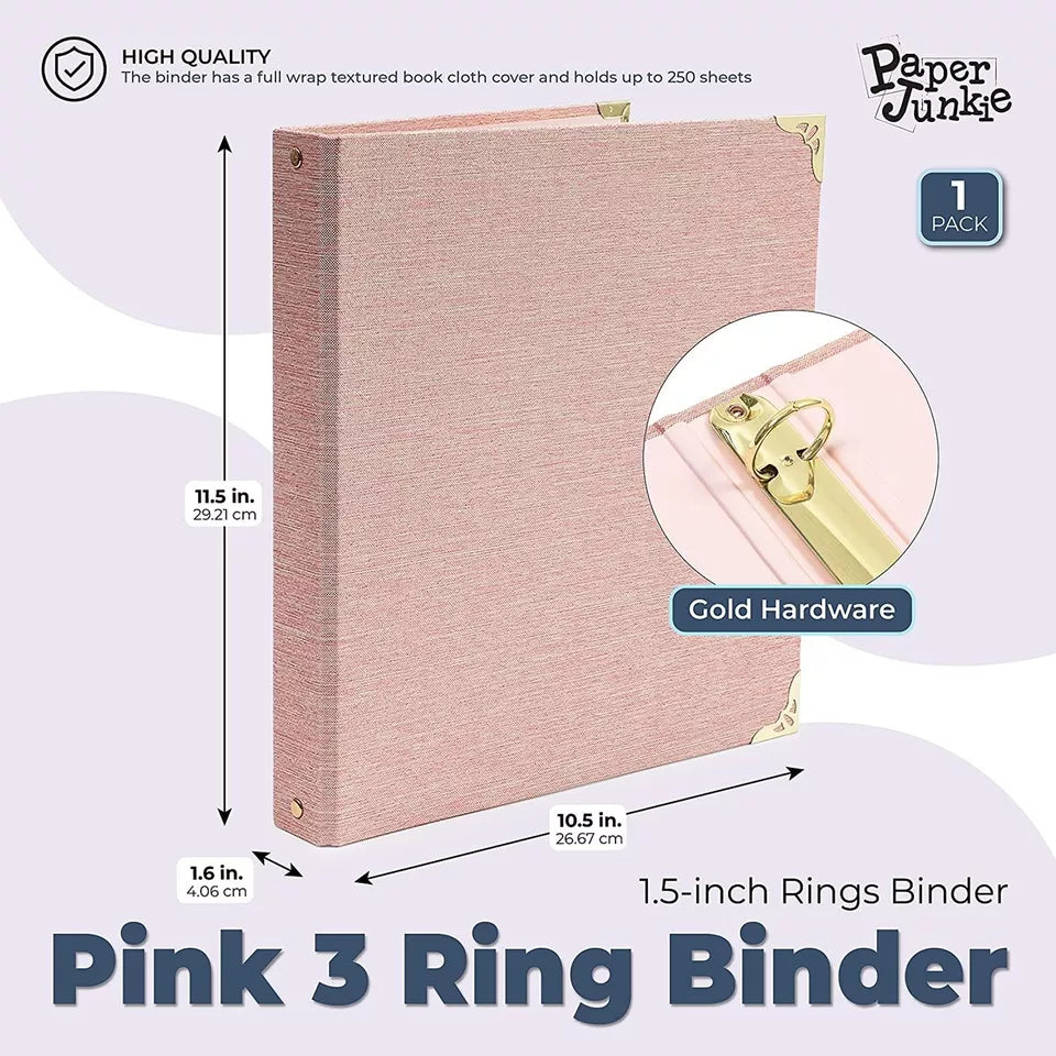 Pink 3 Ring Binder with 1.5 Inch Rings, Linen File Folder, 250 Sheet Capacity