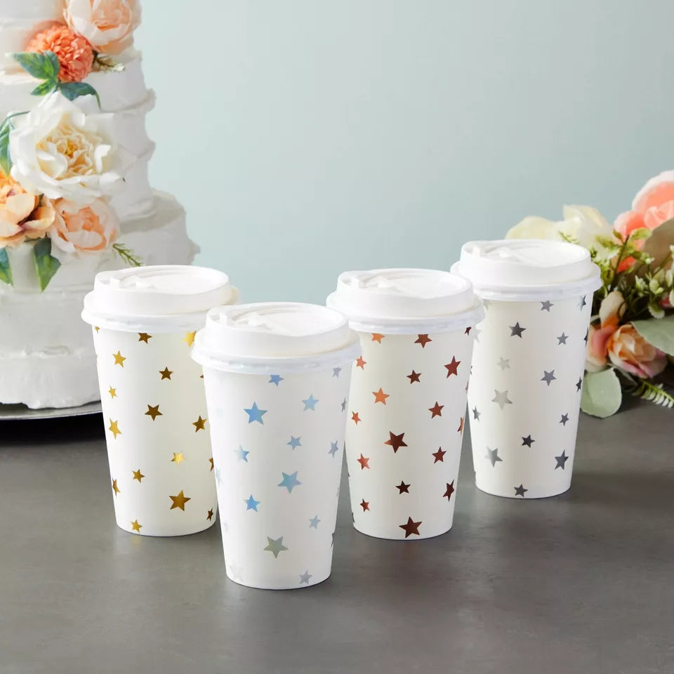 48 Pck Disposable Hot Coffee Cups with Lids, 4 Assorted Foil Star Designs, 16 Oz