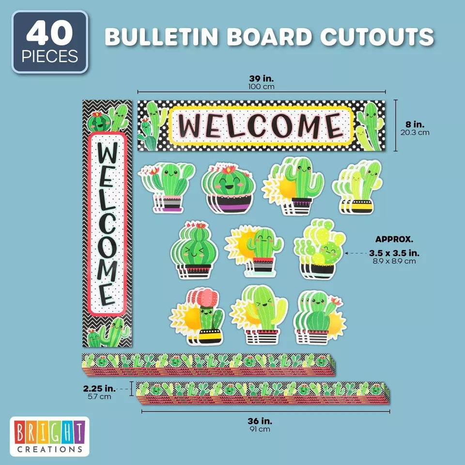 Cactus Bulletin Board Cutouts - Colorful Chalkboard Borders, 40 Pieces