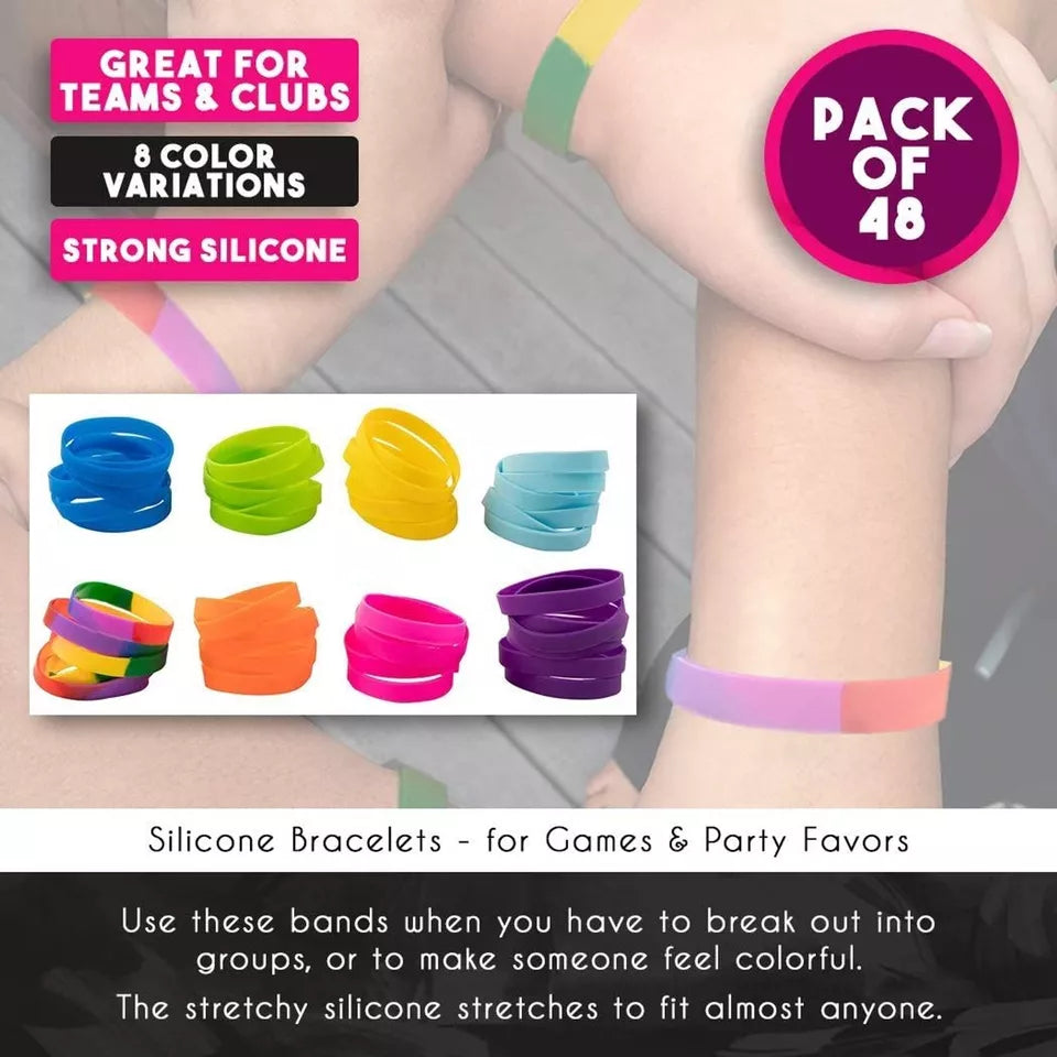 48 Pack Multi-Colored Silicone Bracelets Bulk Set, Wrist Bands for Sublimation