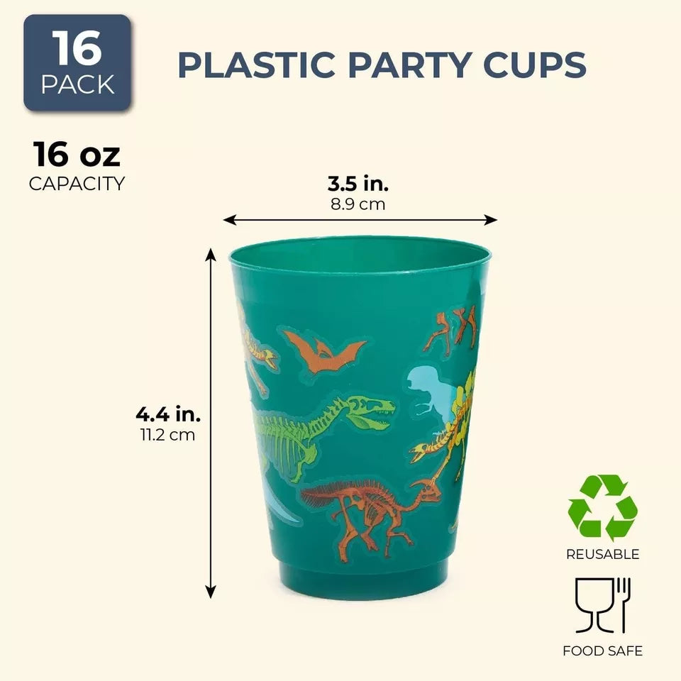 16 Pack Plastic Dinosaur Cups, Dino Party Favors for Birthday Supplies (16 oz)