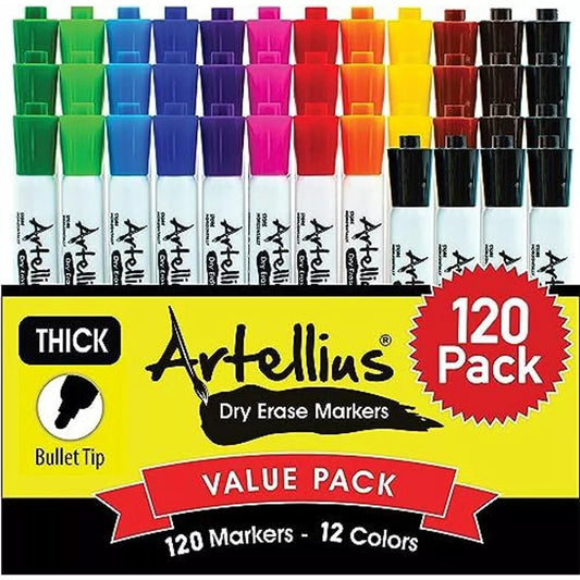 120-Pack Dry Erase Markers - 12 Assorted Colors with 21 Extra Black