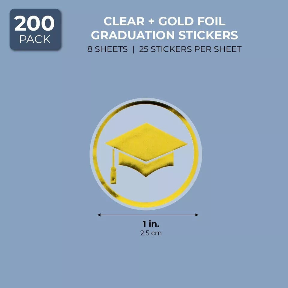 200 Pack 1" Gold Graduation Cap Stickers, Grad Hat Labels, Invitation Seals