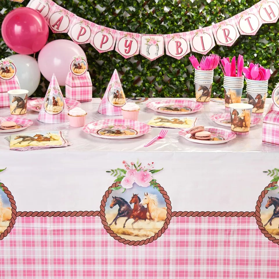 3 Pack Plastic Pink Horse Tablecloths for Cowgirl Birthday Party (54 x 108 In)