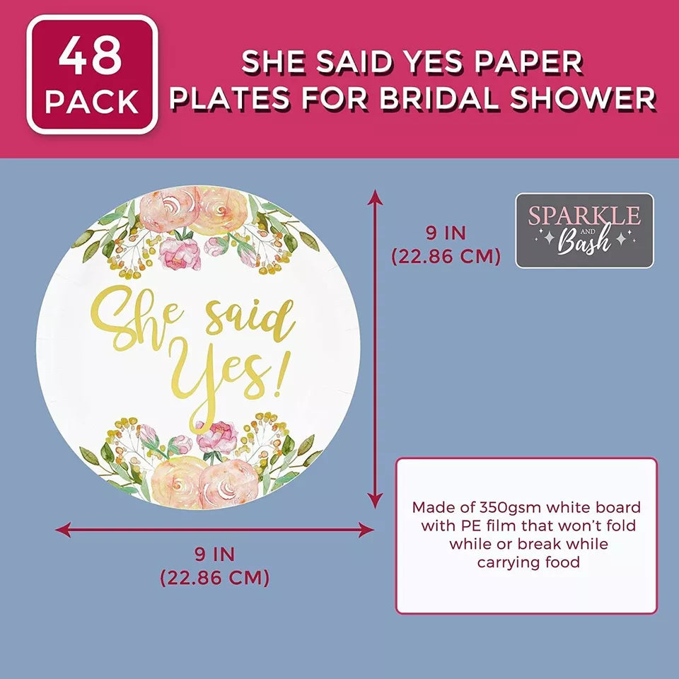 48--Pack She Said Yes Plates for Engagement Party, Bridal Shower Decorations, 9"