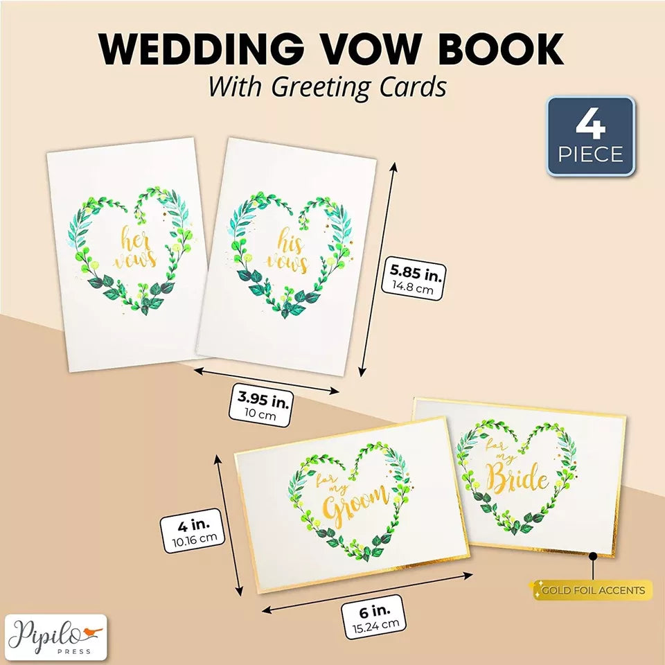 Wedding Vow Books with 2 Greeting Cards - Gold Foil, 4 Pieces