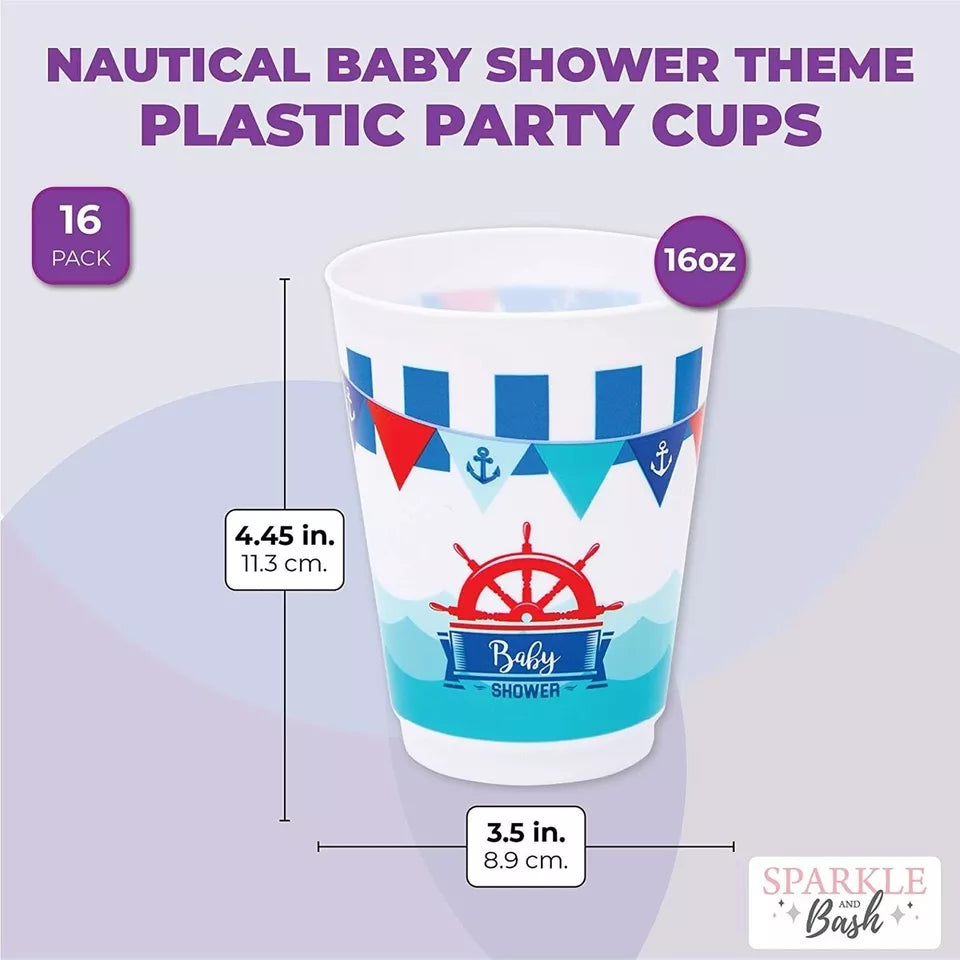 16 Pack Nautical Plastic Tumbler Cups 16 oz for Baby Shower Party Supplies