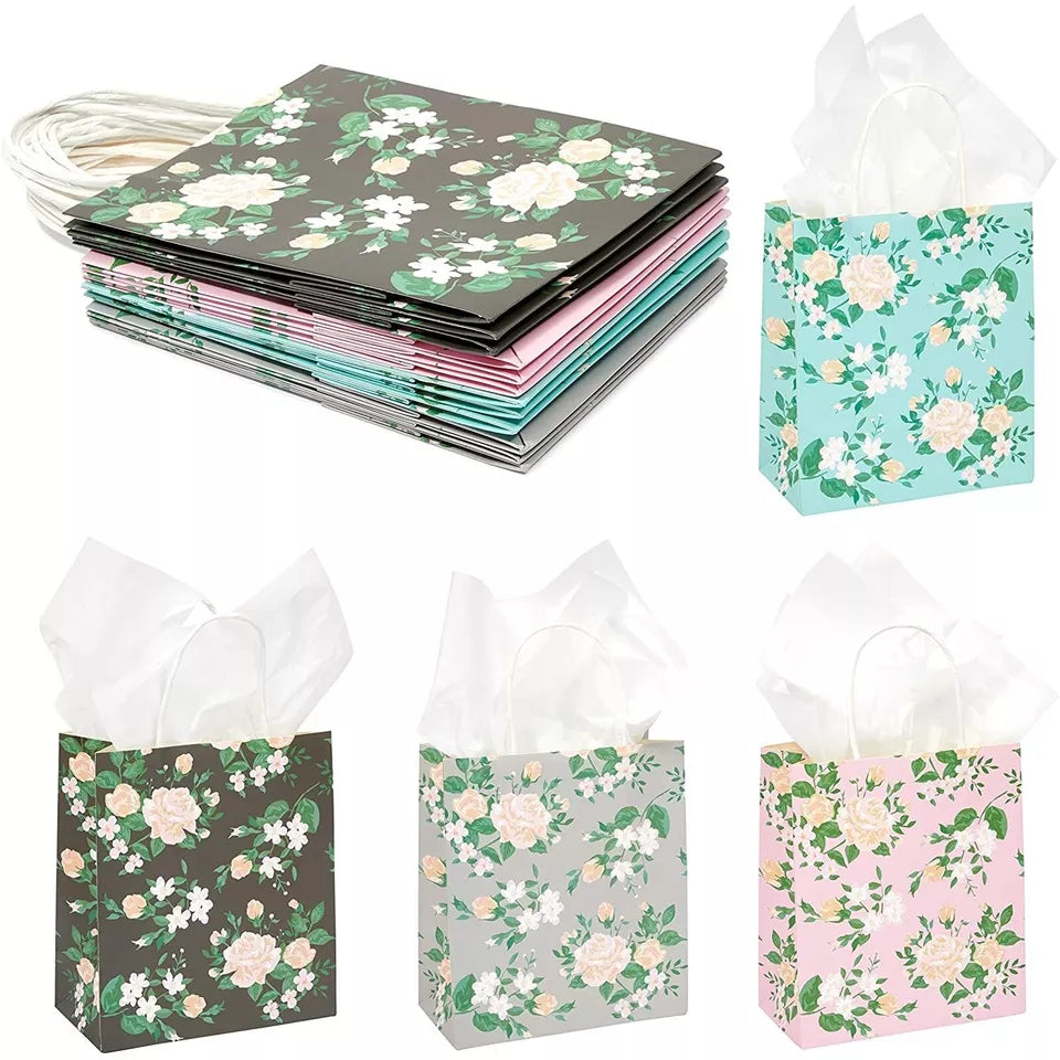 12 Pack Small Floral Kraft Gift Bags with Handles - 8 x 9 x 4 in, 4 Colors