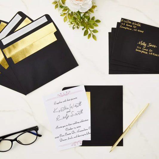 50 Pack A6 Black and Gold Envelopes for 4x6 Invitations, Self-Adhesive Seal