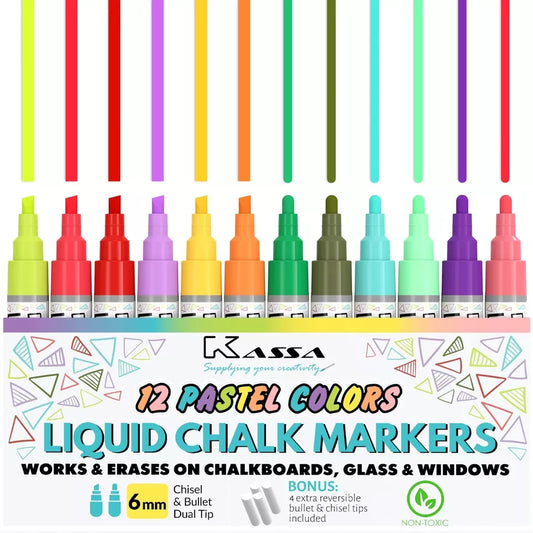 10-Pack 6mm Pastel Multicolor Chalk Markers - Includes 4 Bullet and Chisel Dual Tips