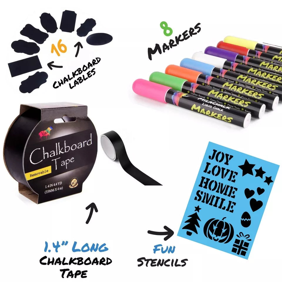 8-Pack Multicolored Liquid Chalk Markers + Chalkboard Tape