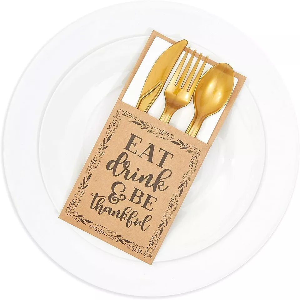 36x Eat Drink & Be Thankful Paper Utensil Holder Pocket for Thanksgiving Party