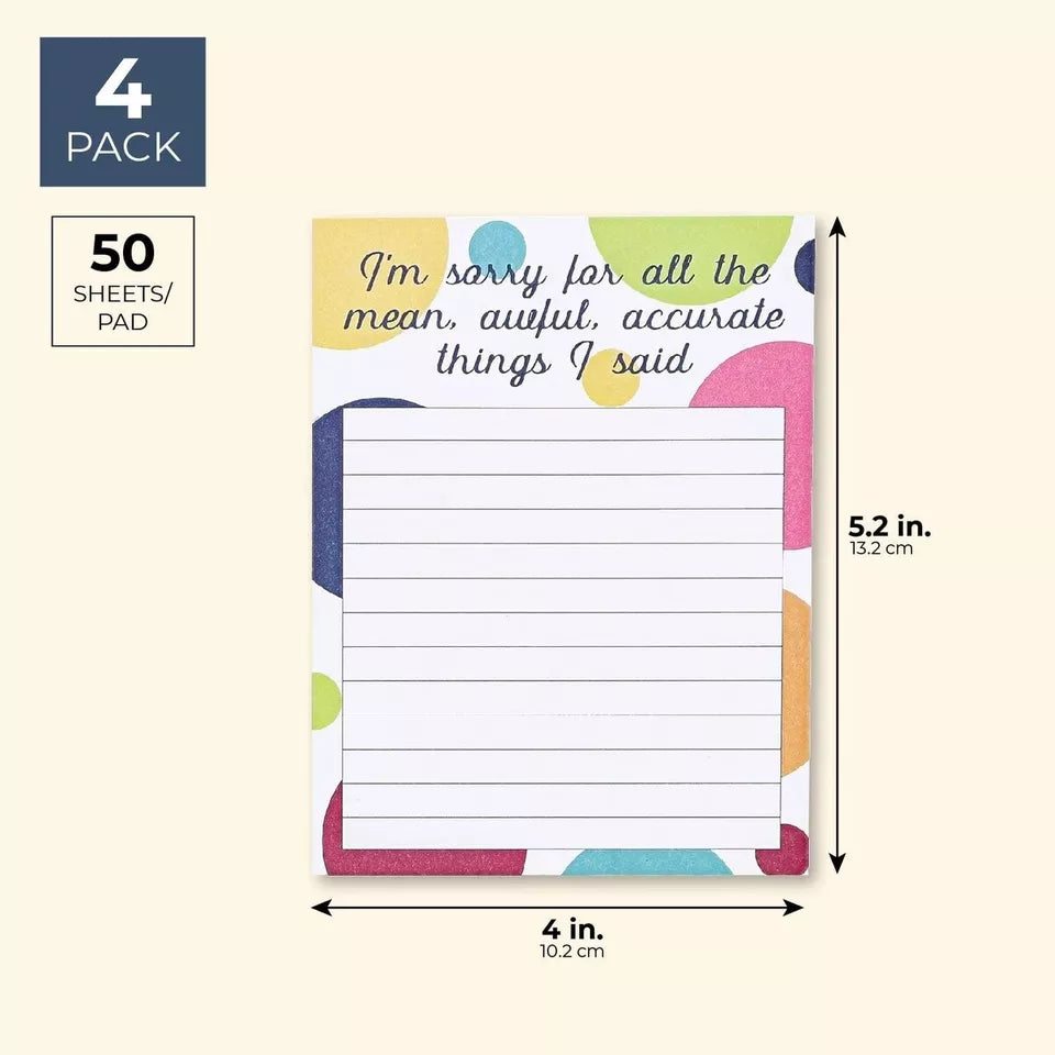 4 Pack Sarcastic Note Pad Set, Funny Office Supplies, 50 Sheets, 4 x 5.2 in