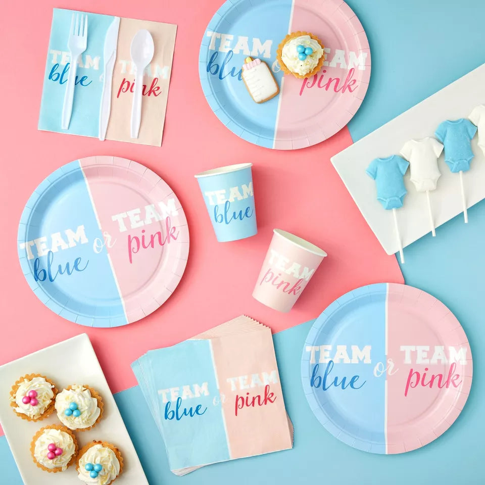 144 Piece Gender Reveal Party Supplies Dinnerware, Team Boy, Team Girl,Serves 24